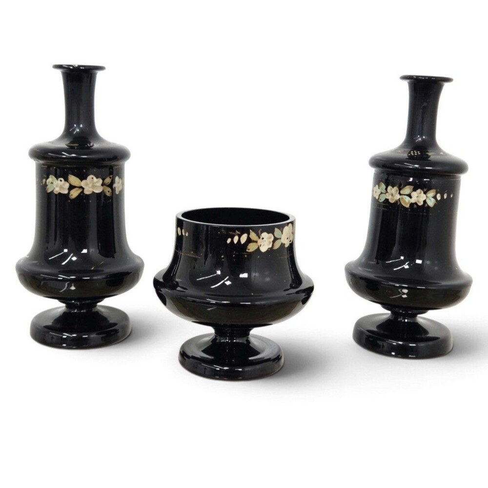 Antique Black Amethyst Glass Mantel Set Hand Painted Flower Vases 3pc Mint